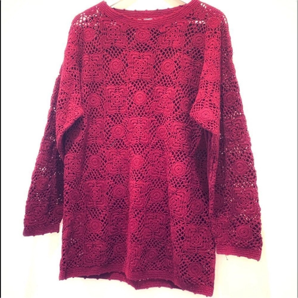 Vintage Y2K 90s Bohemian Burgundy Wine Crochet Tunic Sweater - Picture 8 of 14